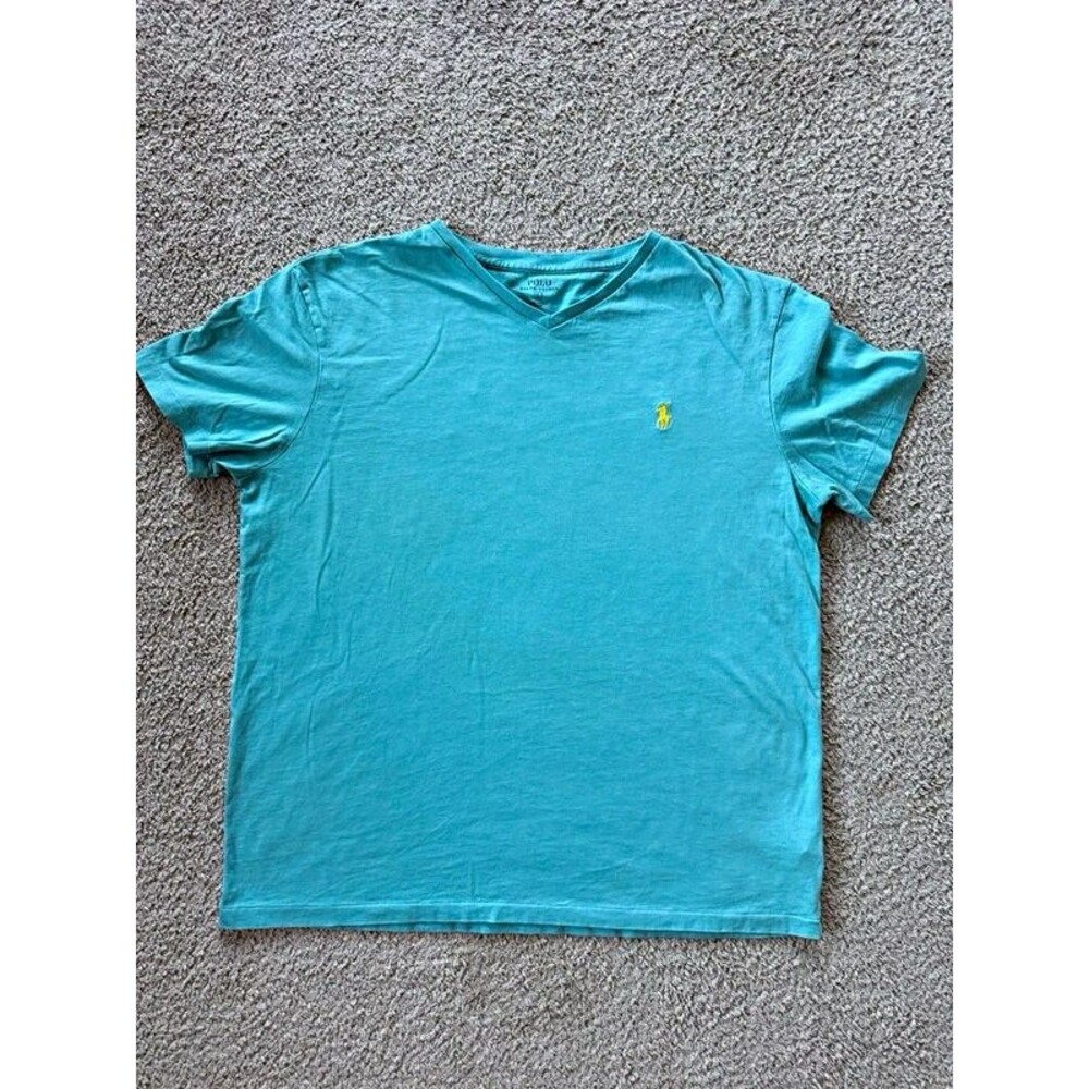 Polo Ralph Lauren Mens L Blue V-Neck T-Shirt Cotton Jersey Polo Pony Logo